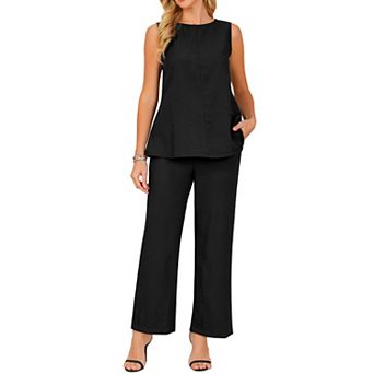 Women's Summer 2 pc Outfits Sleeveless Round Neck Tank Top Dressy Casual Sets Wide Leg Pants Set