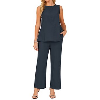 Women's Summer 2 pc Outfits Sleeveless Round Neck Tank Top Dressy Casual Sets Wide Leg Pants Set