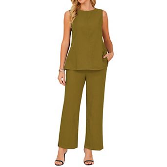 Women's Summer 2 pc Outfits Sleeveless Round Neck Tank Top Dressy Casual Sets Wide Leg Pants Set