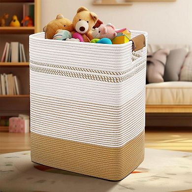 Large Cotton Rope Laundry Basket with Leather Handles for Home