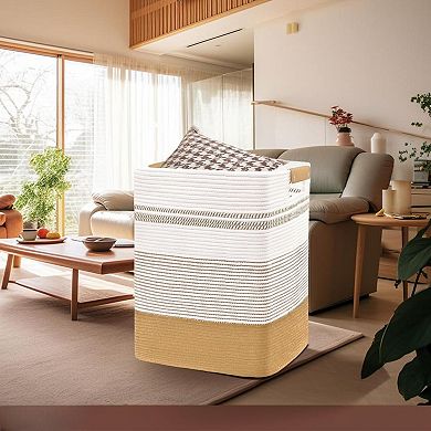 Large Cotton Rope Laundry Basket with Leather Handles for Home