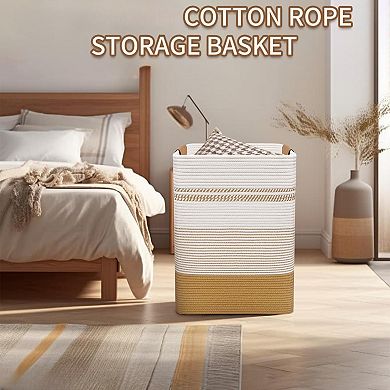 Large Cotton Rope Laundry Basket with Leather Handles for Home