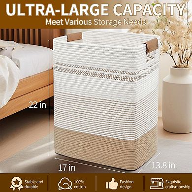 Large Cotton Rope Laundry Basket with Leather Handles for Home