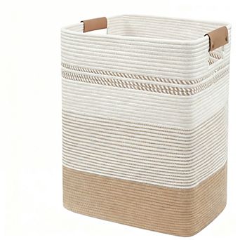 Large Cotton Rope Laundry Basket with Leather Handles for Home