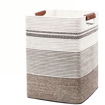 Large Cotton Rope Laundry Basket with Leather Handles for Home
