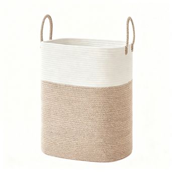 Large Cotton Rope Laundry Basket with Leather Handles for Home