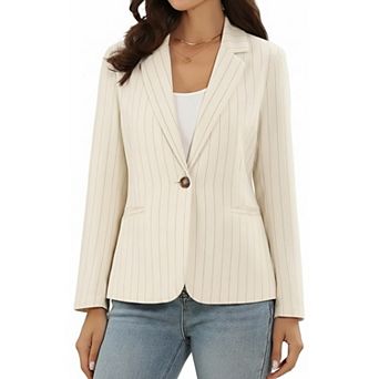 Striped Blazer for Women Notched Collar Long Sleeve Single Button Business Jacket with Pockets