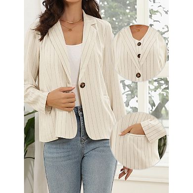 Striped Blazer for Women Notched Collar Long Sleeve Single Button Business Jacket with Pockets