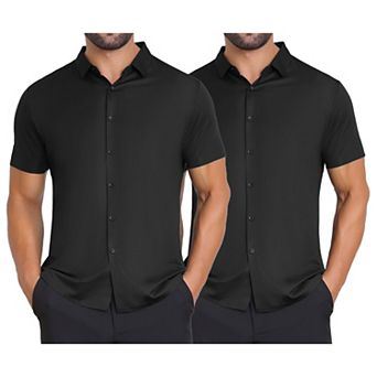 2 Packs Men's Button Down Point Collar Short Sleeve Solid Color Business Dress Shirts
