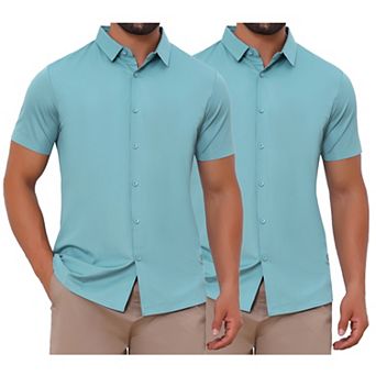2 Packs Men's Button Down Point Collar Short Sleeve Solid Color Business Dress Shirts