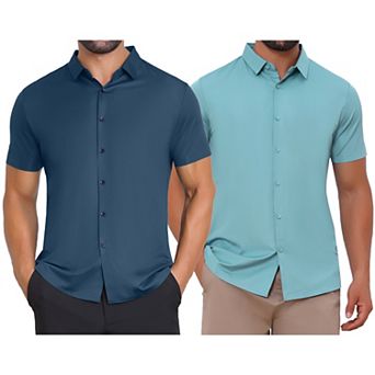 2 Packs Men's Button Down Point Collar Short Sleeve Solid Color Business Dress Shirts