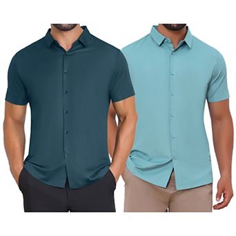 2 Packs Men's Button Down Point Collar Short Sleeve Solid Color Business Dress Shirts