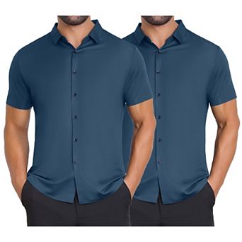 2 Packs Men's Button Down Point Collar Short Sleeve Solid Color Business Dress Shirts