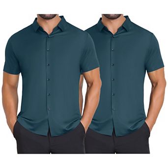 2 Packs Men's Button Down Point Collar Short Sleeve Solid Color Business Dress Shirts