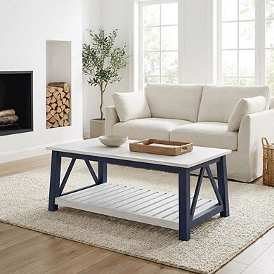 Blue Antiqued Chalk Coffee Table with Parawood Frame and Sturdy Construction