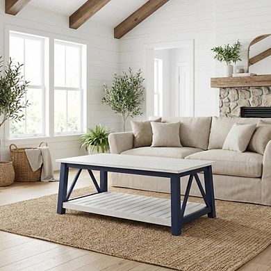 Blue Antiqued Chalk Coffee Table with Parawood Frame and Sturdy Construction