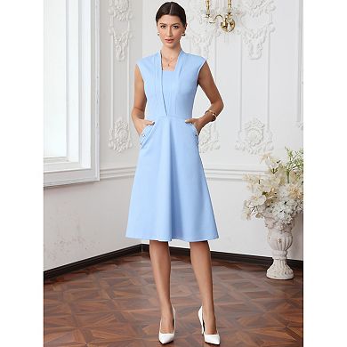Summer Dress for Women Midi Length Cap Sleeve Pockets Elegant Office Work Dresses