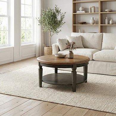 Hickory Washed Coal Round Coffee Table Hardwood Top Durable Design