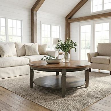 Hickory Washed Coal Round Coffee Table Hardwood Top Durable Design