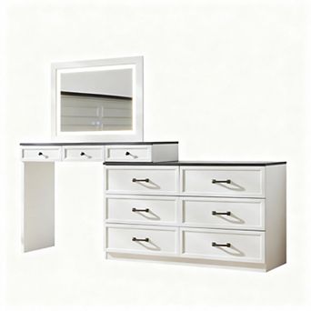 Large Farmhouse Vanity with 9 Drawers, LED Mirror, Glass Top