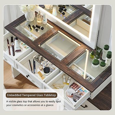 Large Farmhouse Vanity with 9 Drawers, LED Mirror, Glass Top