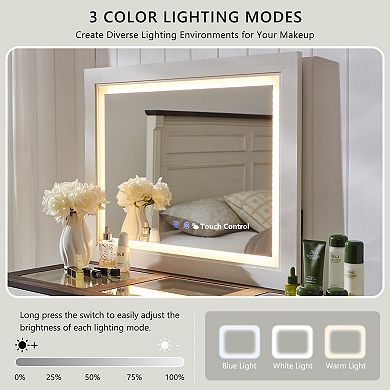 Large Farmhouse Vanity with 9 Drawers, LED Mirror, Glass Top