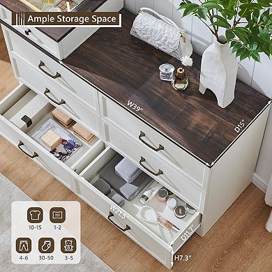 Large Farmhouse Vanity with 9 Drawers, LED Mirror, Glass Top