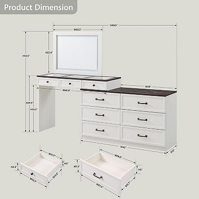 Large Farmhouse Vanity with 9 Drawers, LED Mirror, Glass Top