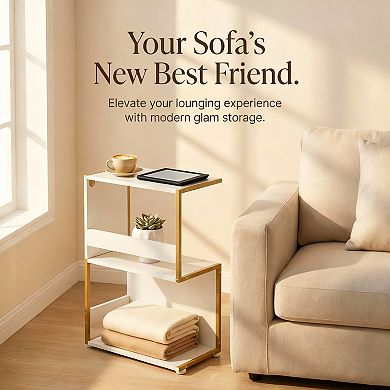 S Shape Small Side Table with 2 Shelves for Bedroom Living Room