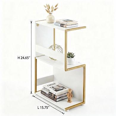 S Shape Small Side Table with 2 Shelves for Bedroom Living Room