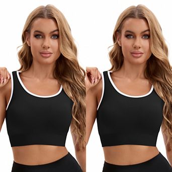 2 Packs Women's Open Back Workout Tank with Built-In Bras Constrast Color Crop Sports Vest