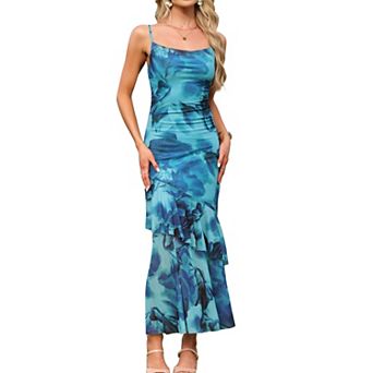 Floral Mesh Maxi Dress for Women Ruffled Wedding Guest Cocktail Party Bodycon Cami Dresses