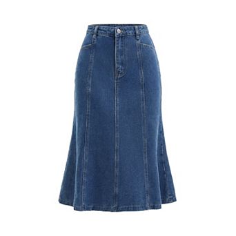 Women's Denim Skirt High Waisted A-Line Fishtail Casual Midi Jean Skirts