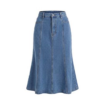 Women's Denim Skirt High Waisted A-Line Fishtail Casual Midi Jean Skirts