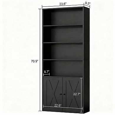 Modern Farmhouse 6-Shelf Bookcase with Doors for Home Office and Living Room