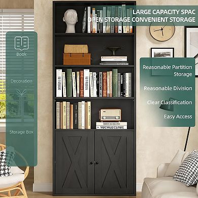 Modern Farmhouse 6-Shelf Bookcase with Doors for Home Office and Living Room