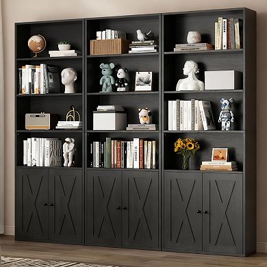 Modern Farmhouse 6-Shelf Bookcase with Doors for Home Office and Living Room