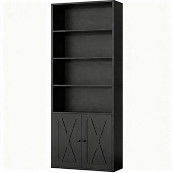 Modern Farmhouse 6-Shelf Bookcase with Doors for Home Office and Living Room