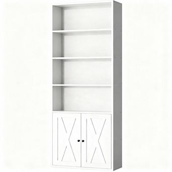 Modern Farmhouse 6-Shelf Bookcase with Doors for Home Office and Living Room
