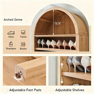 Natural 71" Tall Arched Bookshelf with 3 Adjustable Shelves for Space-Efficient Storage