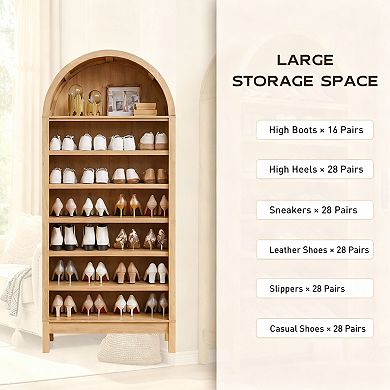 Natural 71" Tall Arched Bookshelf with 3 Adjustable Shelves for Space-Efficient Storage