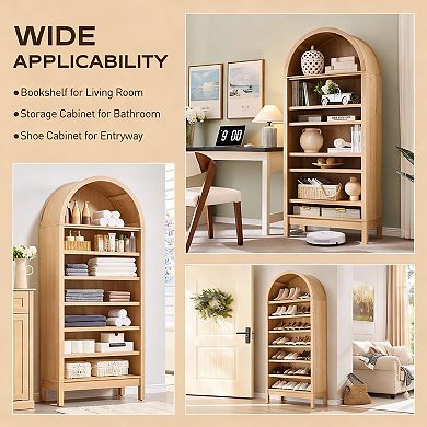 Natural 71" Tall Arched Bookshelf with 3 Adjustable Shelves for Space-Efficient Storage
