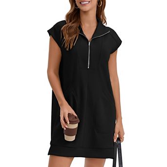 Half Zip Sweatshirt Dress for Women Sleeveless V Neck Collared Tunic Summer Mini Dress with Pockets