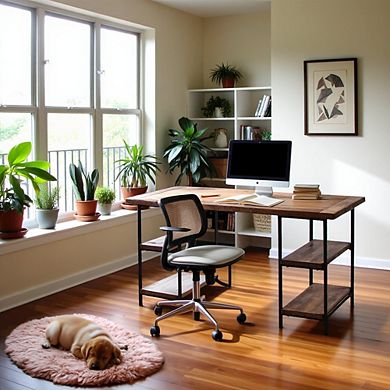Rustic Office Desk with Storage, Computer Desk with 4 Storage Shelves