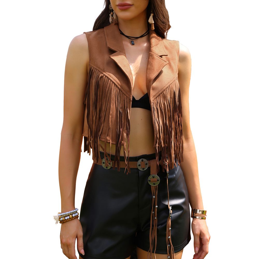 9491 Western Outfits For Women Cowgirl Tassel Sleeveless Vest Cowboy Hat Pixiemain Women Tassel Sleeveless Rhinestone Cowgirl Vest  main image 2