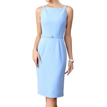 Sleeveless Work Dress for Women Square Neck Belted Formal Business Pencil Dresses