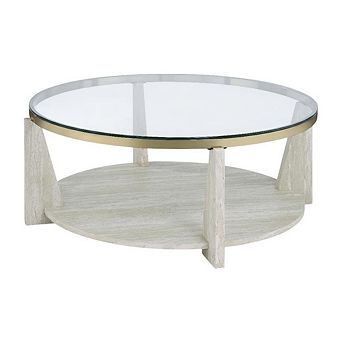 Brown Round Coffee Table with Tempered Glass Top and Casters Engineered Wood