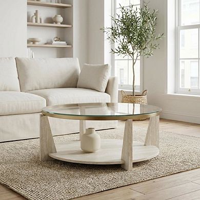 Brown Round Coffee Table with Tempered Glass Top and Casters Engineered Wood
