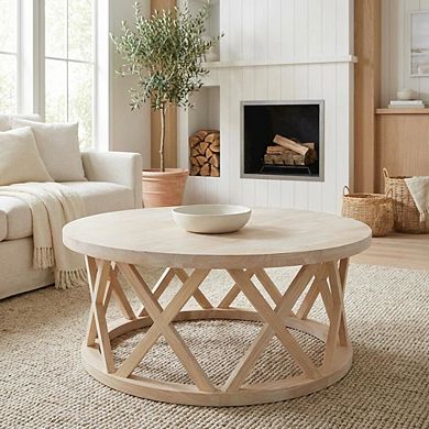 Unfinished Round Coffee Table with Parawood Construction and Sturdy Design