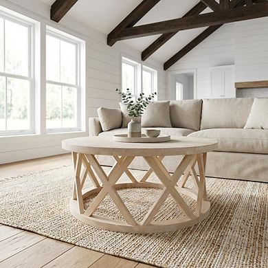 Unfinished Round Coffee Table with Parawood Construction and Sturdy Design